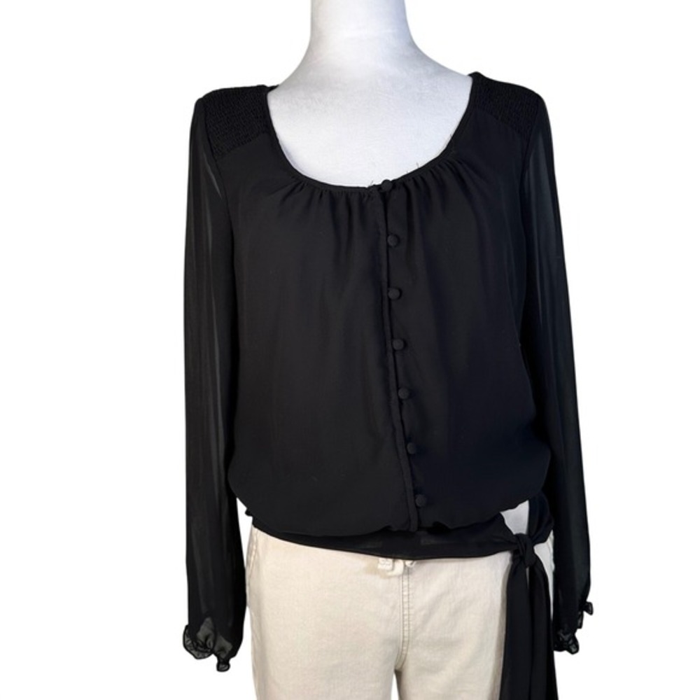 White House Black Market Black Sheer Chiffon Peasant Blouse Long‎ Sleeve S - Picture 2 of 7